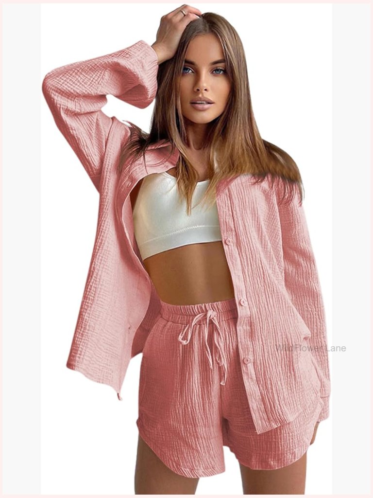 Women's Short Sleeve Button Down Crop Top And High Waisted Shorts Set With